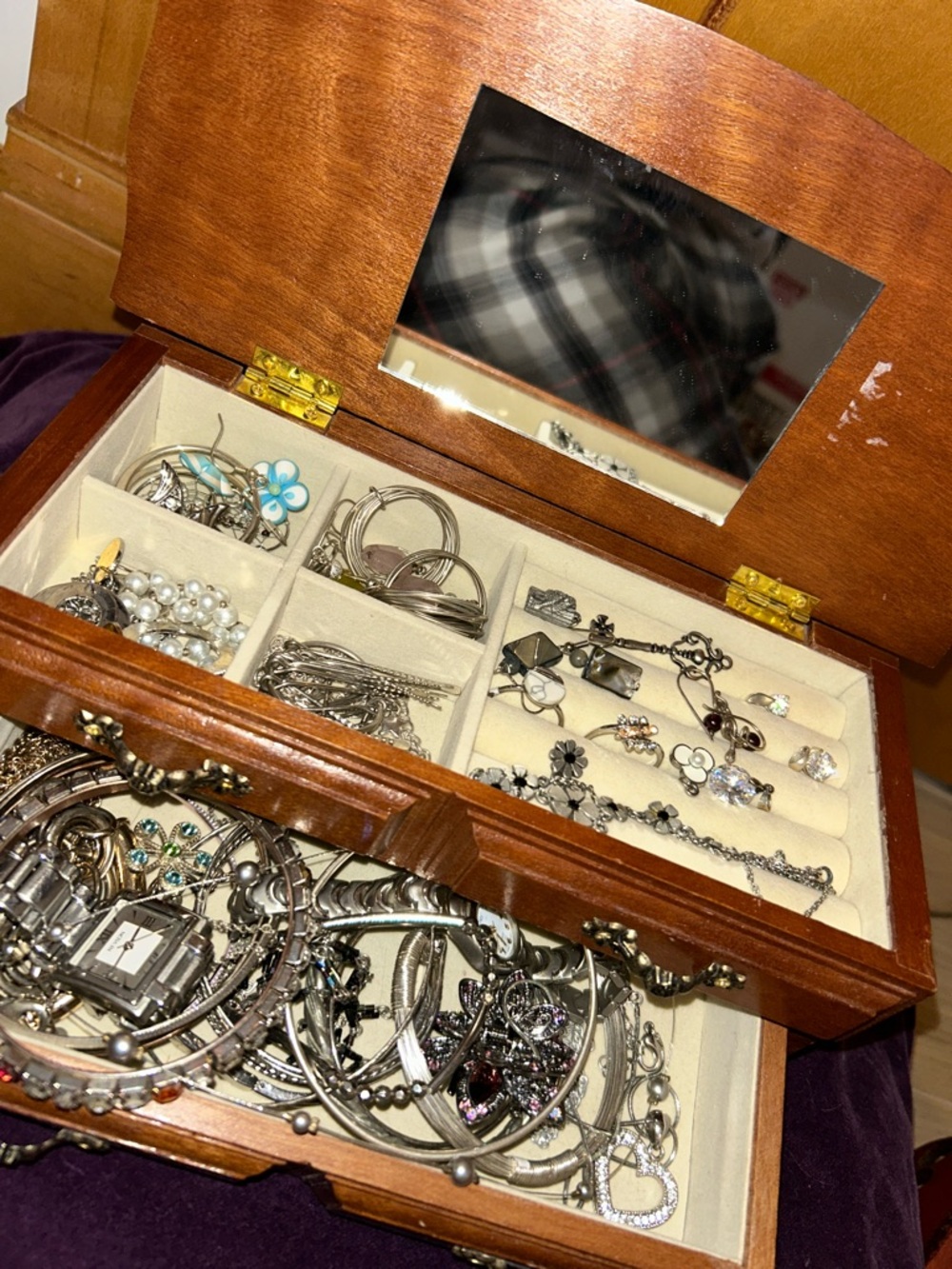 Wood Jewelry Box Filled with Silver-Tone Jewelry vintage to new